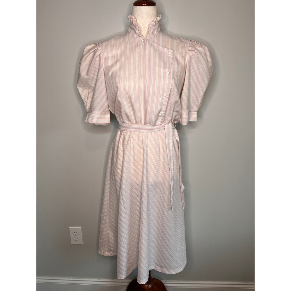Vintage 1980s Seneca Pink Pinstripe Ruffle Coquette Victorian Western Dress M